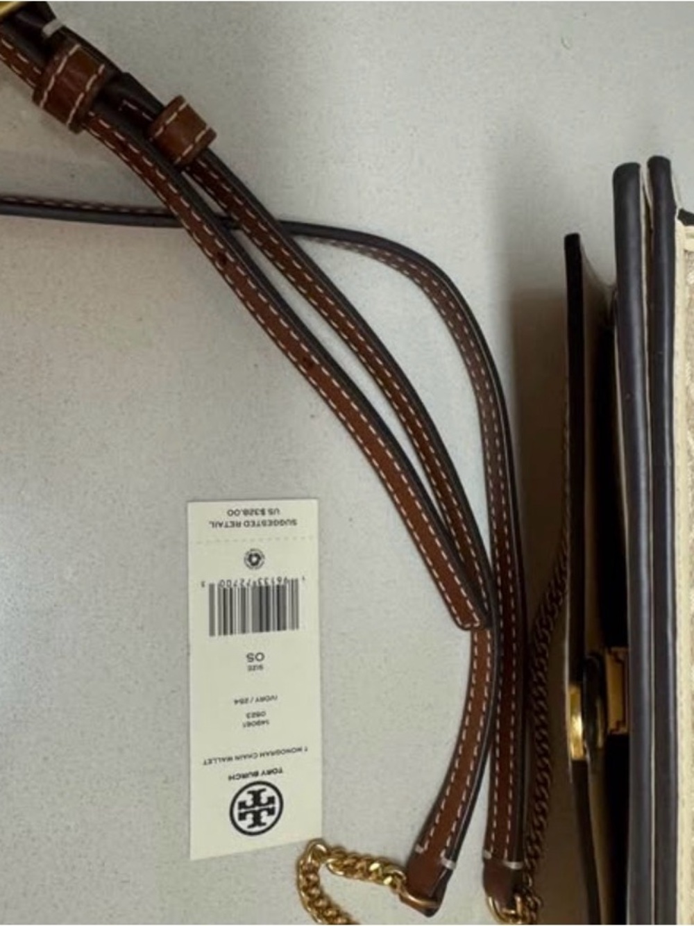 Tory Burch Beige Logo-Pattern Flap Crossbody with Brown Strap - Picture 9 of 9